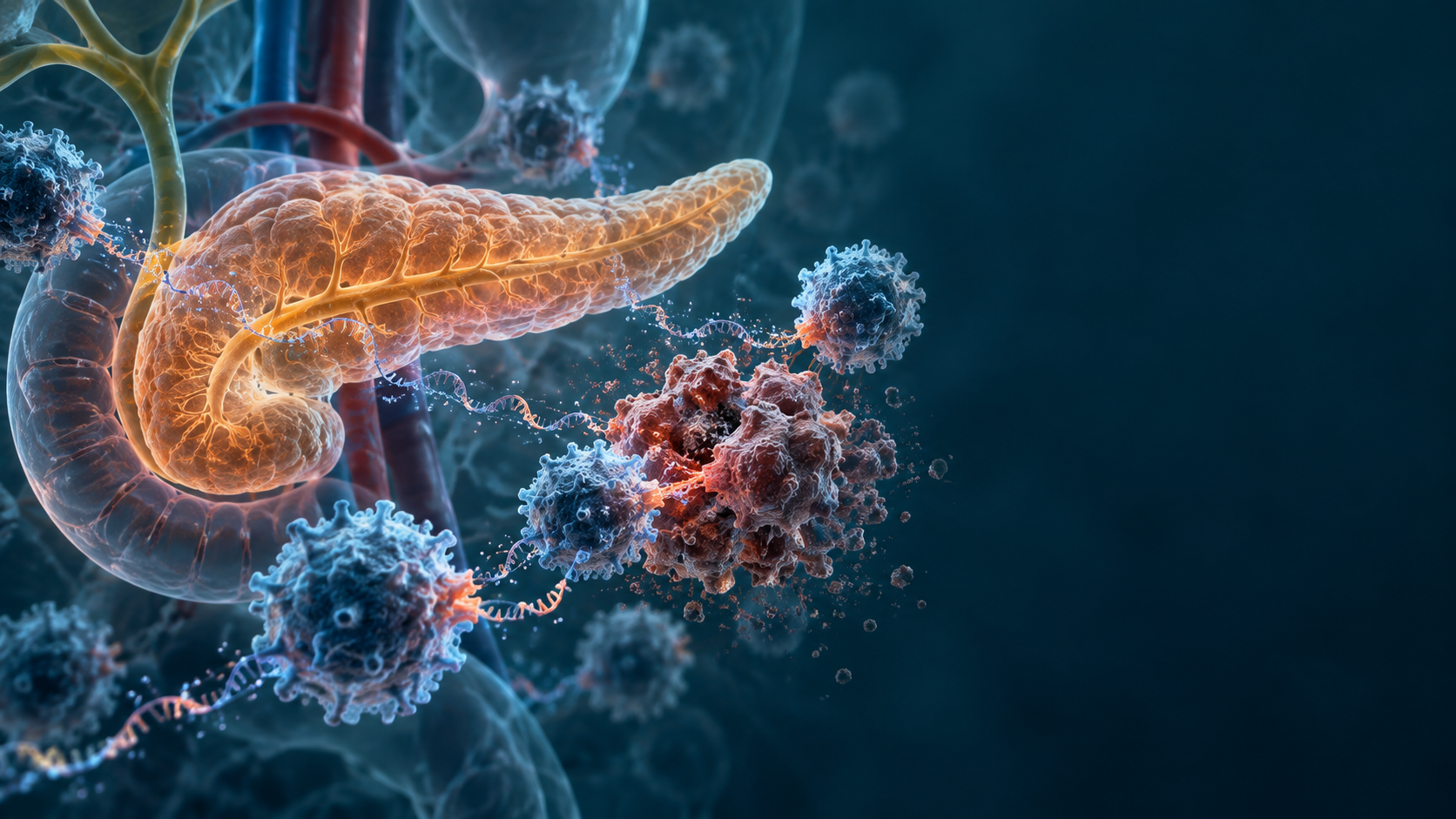 Scientific illustration of a pancreas, immune cells and tumour targets